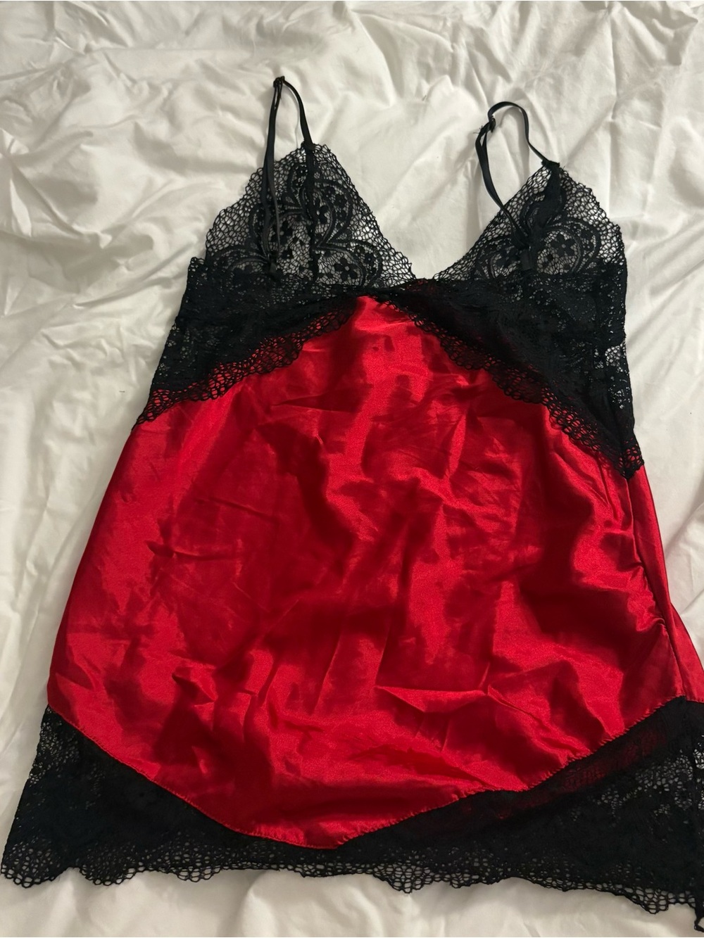 Red Satin & Black Lace Chemise Nightdress - Women Intimates